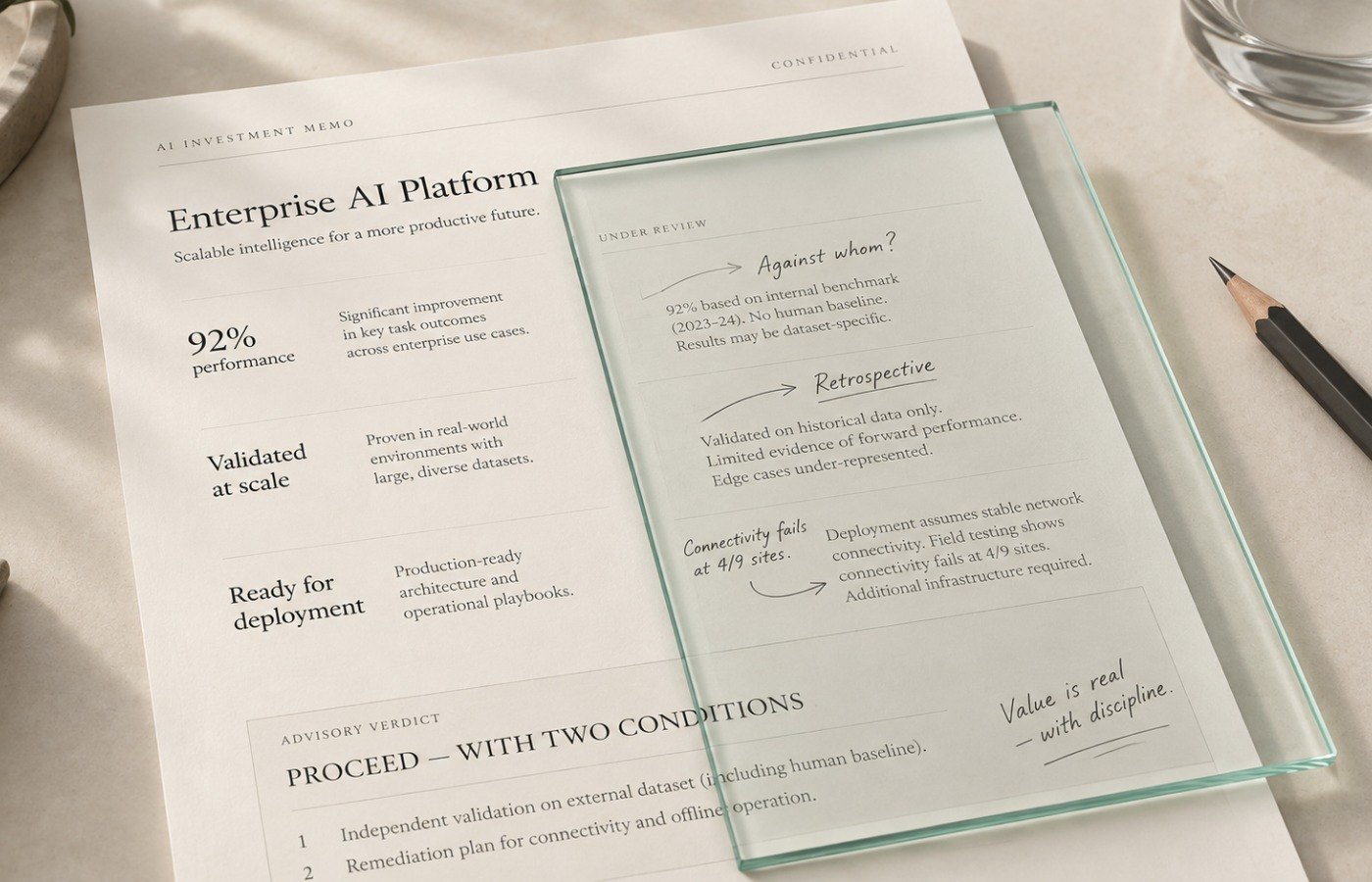 An investment memo beneath glass, with questions pencilled beside the vendor’s claims.